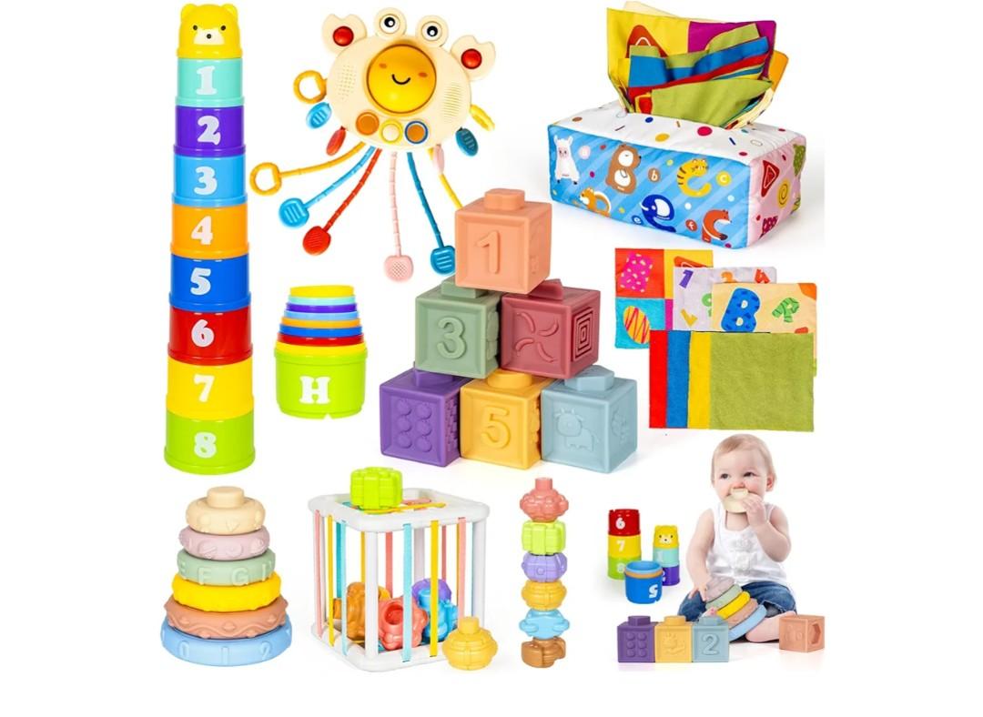 6 in 1 Montessori Toys for Babies Newborn Stacking Block Soft Infant Ring Shape Learning Sensory Bin Pull String Teething Toy Tissue Box for Toddlers 18M+ 2 3 Year Old Boy Girl Gift