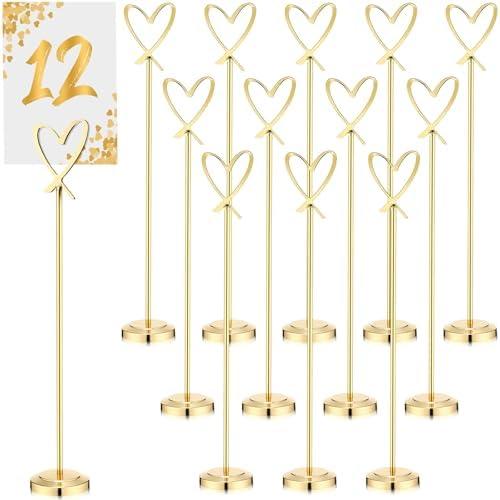 Kosiz 12 Pcs Table Number Holders 12 Inch Heavy Duty Place Card Holder Picture Holders for Tables Number Stands Picture Clips for Wedding Photos Menu Memo Notes Restaurant Birthday(Gold,Heart)