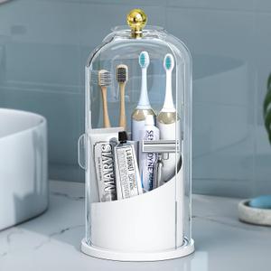 Delamu Covered Toothbrush Holder with 180 Dustproof Sliding Lid, Toothbrush Organizer with 360 Smooth Rotating Base, 3 Slots Makeup Brush Organizer for Vanity, White
