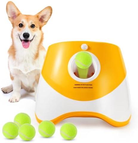 Soco Dog Ball Thrower Launcher, Automatic Launcher with 6 Mini Tennis Balls, Interactive Dog Toys Indoor Outdoor Ball Thrower Machine for Small Dogs with 3 Distance Settings