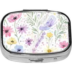 2 x Square Pill Case Small Pill Box with Mirror Pocket 2 Compartment Vitamin Pill Medicine Case Organizer Pill Containers for Traveling Oil-Painted Wildflowers Two