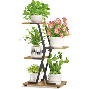iDavosic.ly 3 Tier Indoor Plant Stand, Corner Tall Metal & Wood Flower Shelf, Orchid Display Rack for Living Room Balcony Patio Porch, Space Saving & Multifunctional Display, Black & Brown