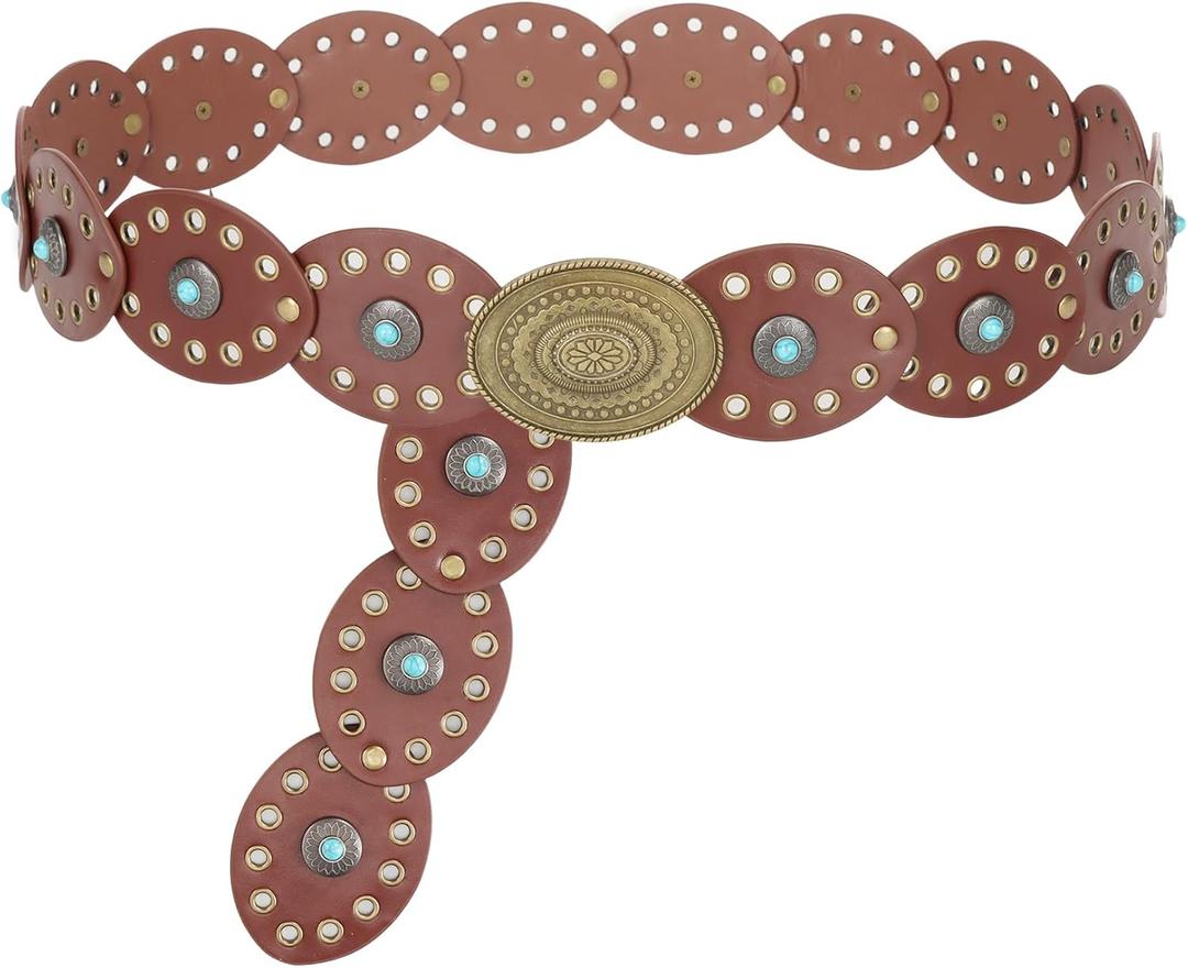 Vintage Western Leather Belt for Women - Wide Cowgirl Waist Belt with Concho Buckle - Boho Style Belt for Jeans & Dress (Fit Waist Below 38", Coffee+turquoise)