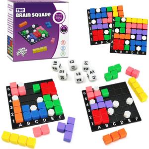 4 Players STEM Puzzle Game The Brain Square with 160000+ Solutions Pattern Matching Blocks Brain Teaser Toy Roll Dice & Race Your Opponent to Fill Grid for Kids Birthday Graduation