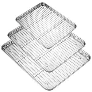 Baking Sheet with Rack Set (3 Pans + 3 Racks), Stainless Steel Baking Pan Cookie Sheet with Cooling Rack, Heavy Duty & Easy Clean，Stainless steel commercial baking tray
