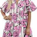 Women's Summer Short Puff Sleeve Floral Dress Button Down Loose Fit Casual Shirt Dresses (Pink, L)