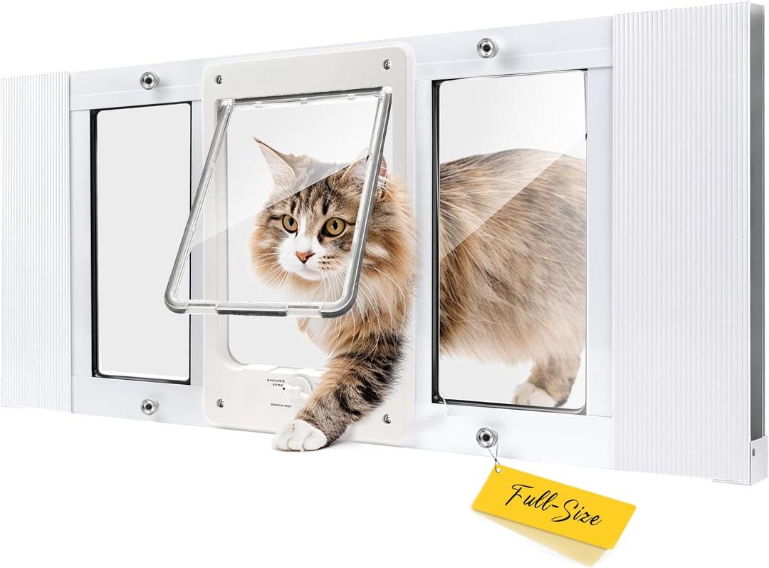 Full-Size Window Pet Door for Cats & Small Dogs, Width Adjustable Fits Sliding Windows, 10-Min Install, Aluminum Frame, HD High-Transparency Glass, Weatherproof Design, Magnetic Close, Fit 24"-28" Window