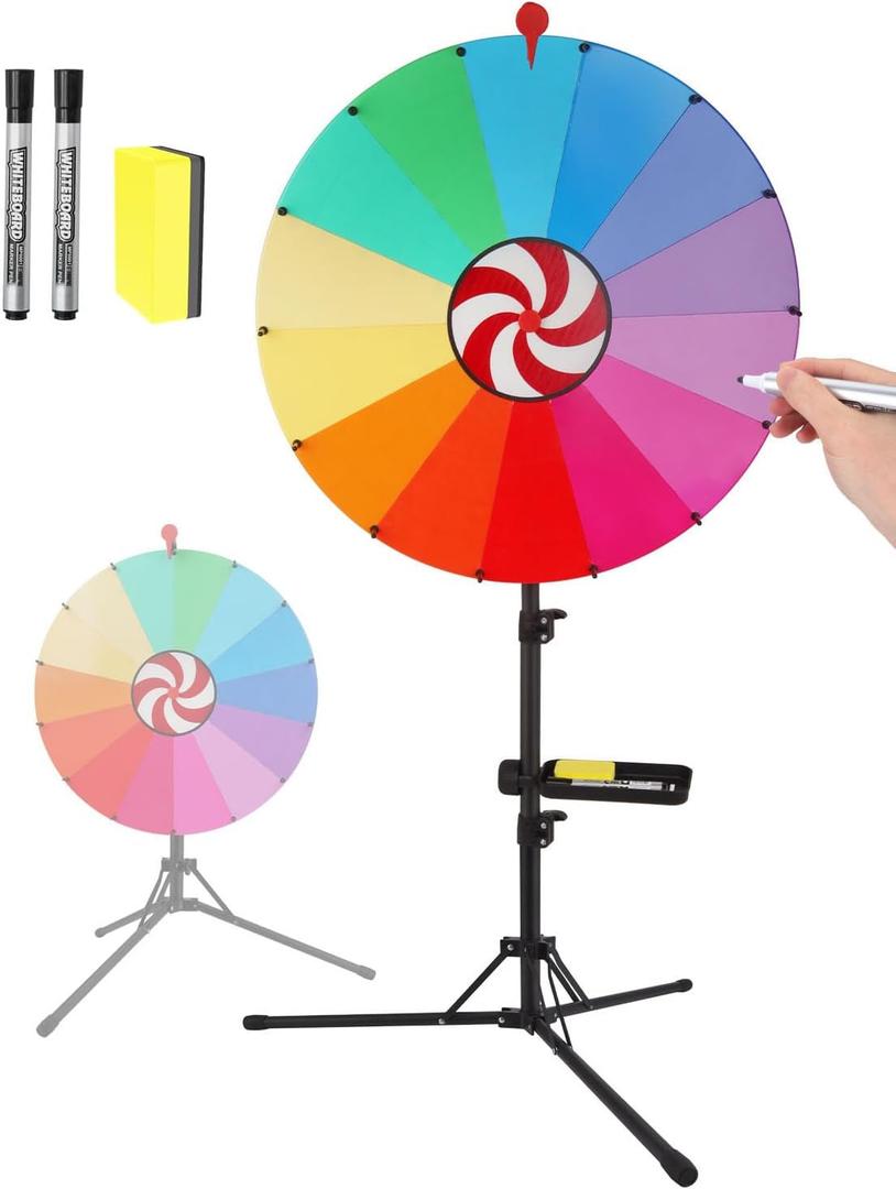 24 Inch Spinning Prize Wheel - Desktop/Floor Dual Use with Folding Tripod, Adjustable Height 38"-60", Storage Case & Dry Erase Board+Marker for Trade Shows, Classrooms & Family14 Slots