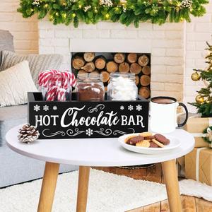 Hot Chocolate Bar Box Hot Cocoa Station Tray Sign Wooden Kitchen Storage Organizer Caddy Farmhouse Winter Holiday Home Decor Christmas Gift