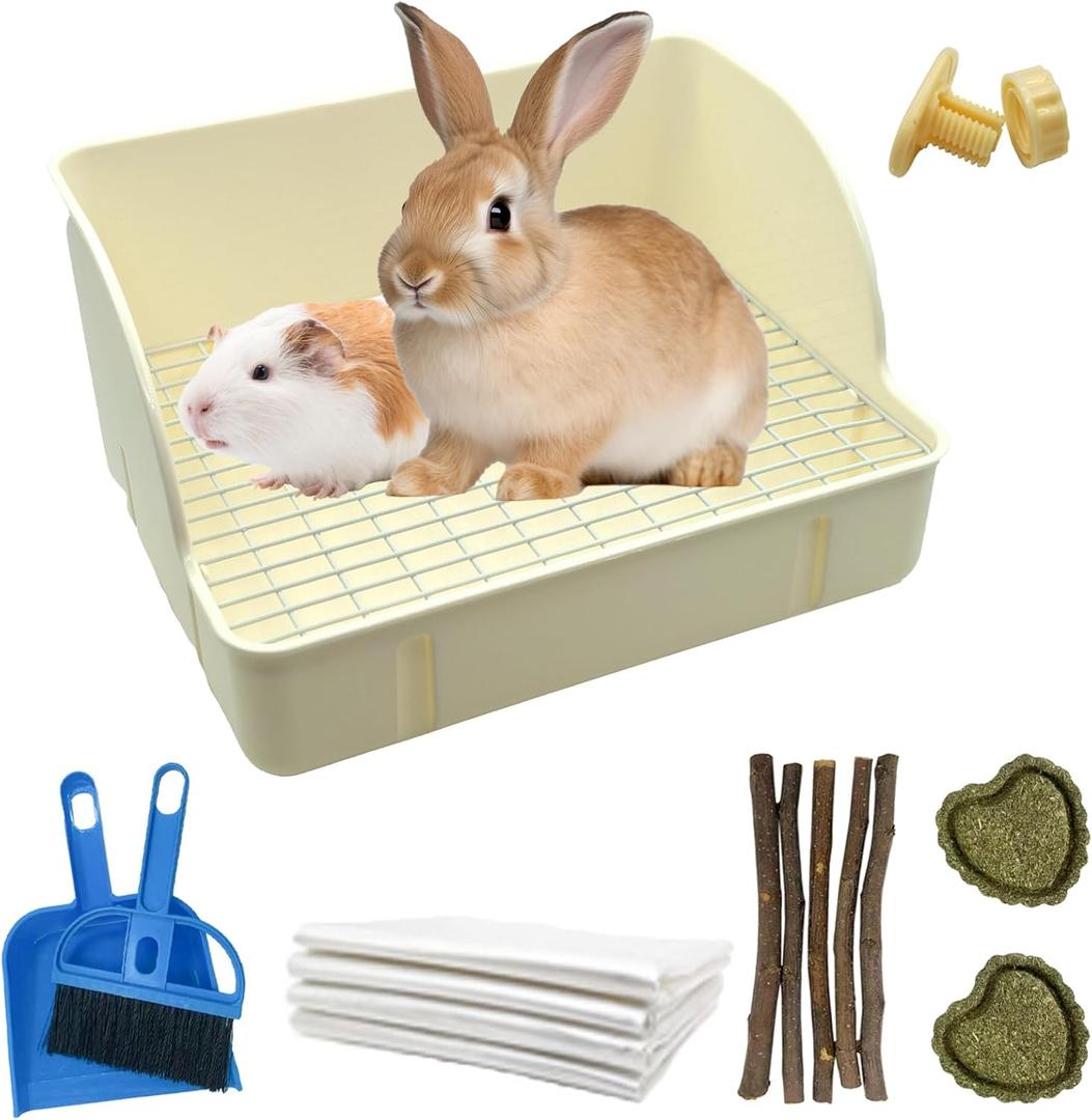 Rabbit Litter Box Toilet,Bunny Plastic Square Cage Toilet with Grate Rabbits Corner Litter Bedding Small Animal Pet Bunny Box Potty Trainer Pet Pan for Guinea Pig,Ferret,Chinchilla(White)