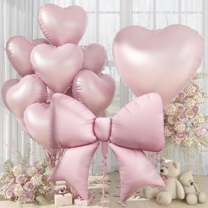 30 Inch Baby Pink Heart Balloons, Large Bow Foil Balloons, 10Pcs 38" Giant Light Pink Bow-knot Balloon with 18" Heart Shape Helium Balloon Set for Baby Shower Women Birthday Bridal Wedding Valentine