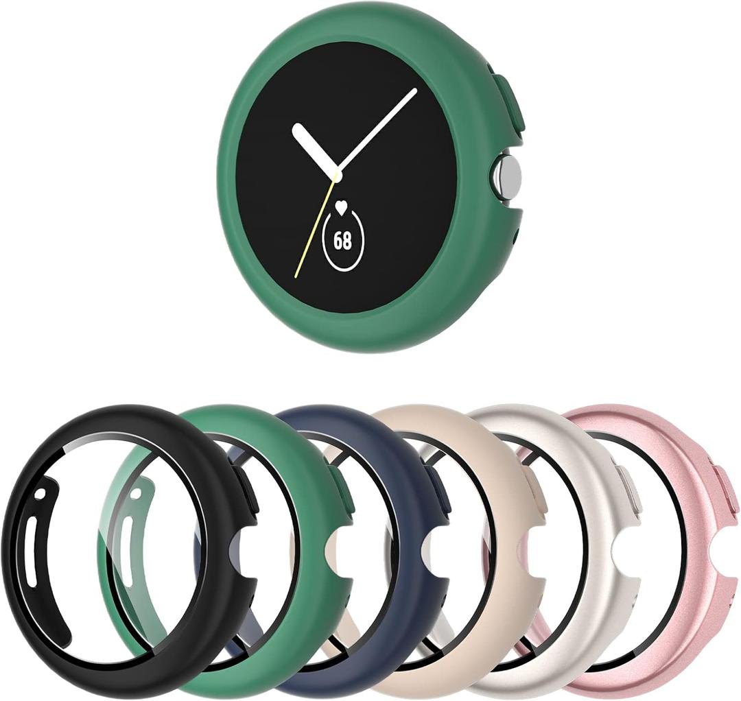 Case for Pixel Watch 2 (2023)/ Pixel Watch 1 - 6-Pack Hard PC Shockproof Bumper Cover with Tempered Glass Screen Protector (Black/Green/Dark Blue/Starlight/Pink/Rose Gold)