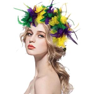 Mardi Gras Headband, Mardi Gras Feather Flower Headband Purple Yellow Green Hairband Hair Accessory Halloween Headband