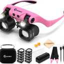 Magnifying Glass with Light, 2X 4X 6X 10X 13X Magnifying Glasses Lens, Switchable Binoculus Loupe w/Storage Case, Rechargeable Head Mount Magnifier for Close Work Watch Repair Crafts Jewelry (Pink)