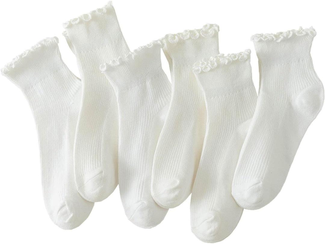 Hstyle 6 Pairs of Ruffle Socks Women, Cute Ruffle Ankle Socks (9-11, White)
