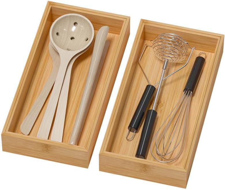 Bamboo Drawer Organizer - Silverware & Utensil Organizer, Stackable, 2 Pcs, Wooden Storage Box Tray (Bamboo, 12 X 6 X 2 Inch) (Yellow)