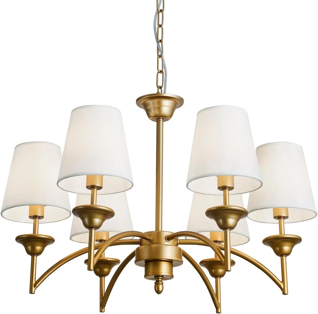 SZXYKEJI 6 Light Chandelier with White Linen Fabric Shades Modern Gold Pendant Ceiling Light Fixture Dining Room Hanging Light for Hallway Kitchen Bedroom Entryway Foyer.