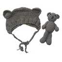 Newborn Baby Crochet Knit Costume Photography Prop Baby Bear Hat and Doll Set (Grey)