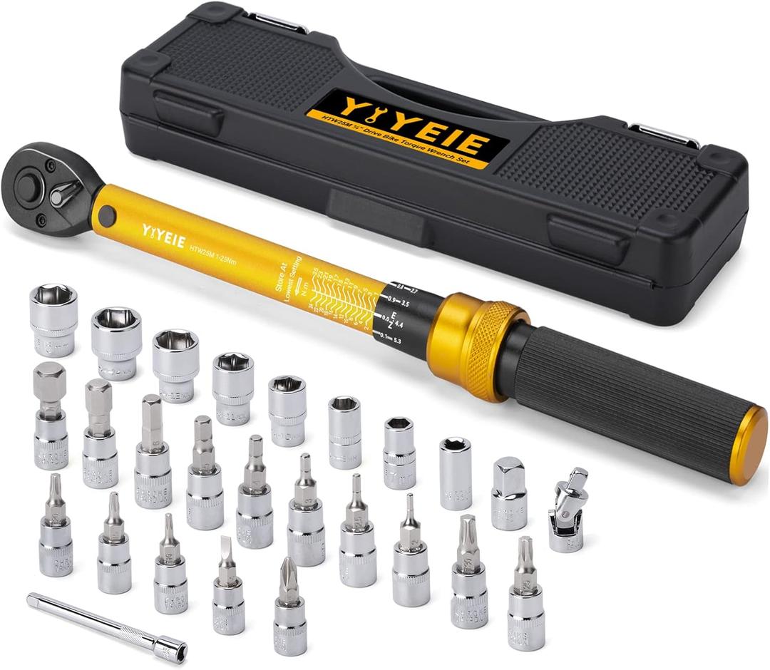 YIYEIE 1/4 Inch Drive Bike Torque Wrench, 1-25 Nm (10-222.5 in.lb), 27 PCS Click Bicycle Torque Wrench with Bit Sockets, 0.1 Nm Micro, 72-Tooth Ratchet, 3/8 Adapter, for MTB, E-Bike, Motorcycle