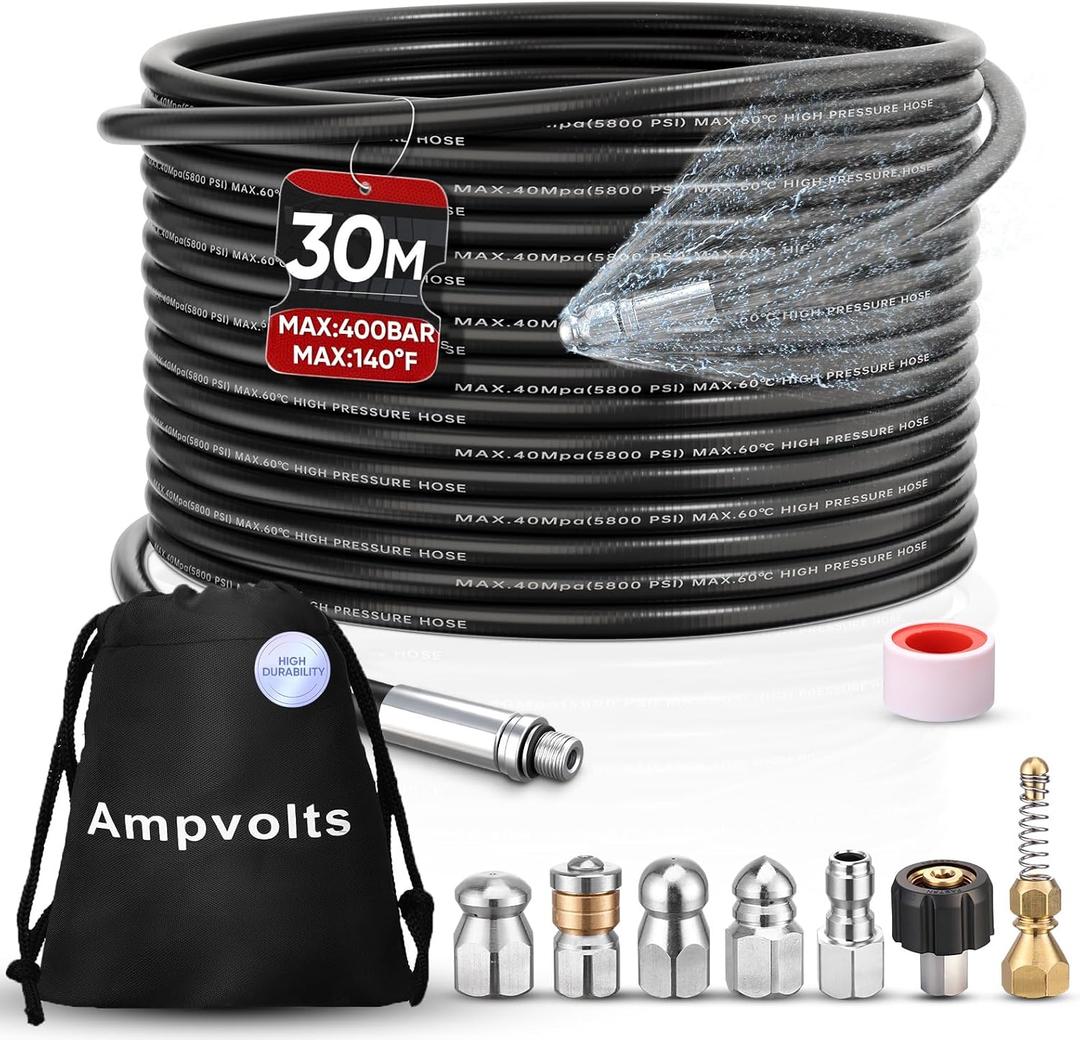 100FT Sewer Jetter Kit for Pressure Washer, 5800 PSI Drain Cleaning Hose with 5 Jet Nozzles & 2 Adapters, Compatible with Spray Guns and Power Washers, Ideal for Clogged Pipes and Drains