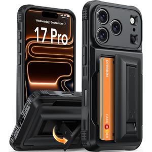 Oterkin for iPhone 17 Pro Wallet Case [4-5 Card Holder] [Kickstand] [RFID Blocking] [Full Camera Protection] [Military Grade Protection] Shockproof Rugged Phone Case for iPhone 17 Pro, Black
