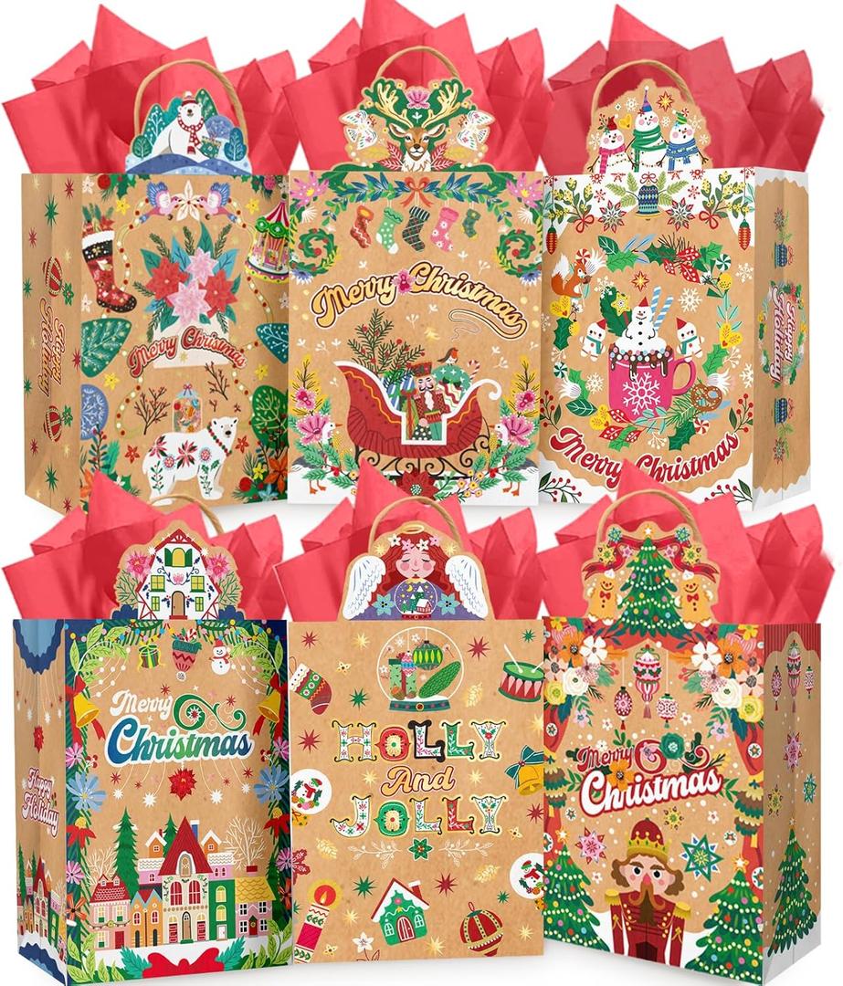 qiqee Irregular-Shaped Christmas Paper Gift Bags Bags with Handles Small Size,24Pcs Decorated Angel Xmas Paper Bag (6.1"9.8"3.1",24Pcs Tissue Paper included)
