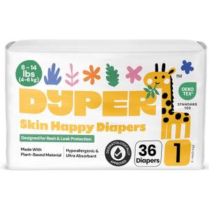 DYPER - Baby Diapers Size 1 (36 Count) - Plant Based Disposable Diapers for Day and Overnight Premium Leak Protection, Skin-Friendly Comfort with Soft Size 1 Diapers (8-14 lbs)