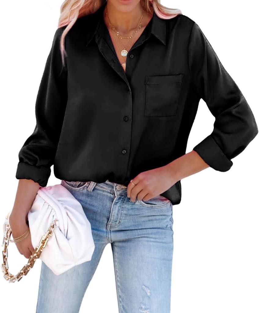 Satin Button Down Shirts for Women Long Sleeve Slim Fit Office Blouses Casual Business Silk Tops with Pocket S-XXL (M)