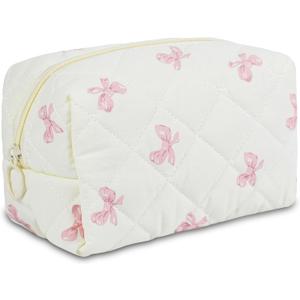 Quilted Makeup Pouch,Cotton Puffy Makeup Bag, Coquette Cosmetic Bag for Women and Girls, Aesthetic Organizer Bag, Cute Flower Travel Toiletry Bag, Pink Bow