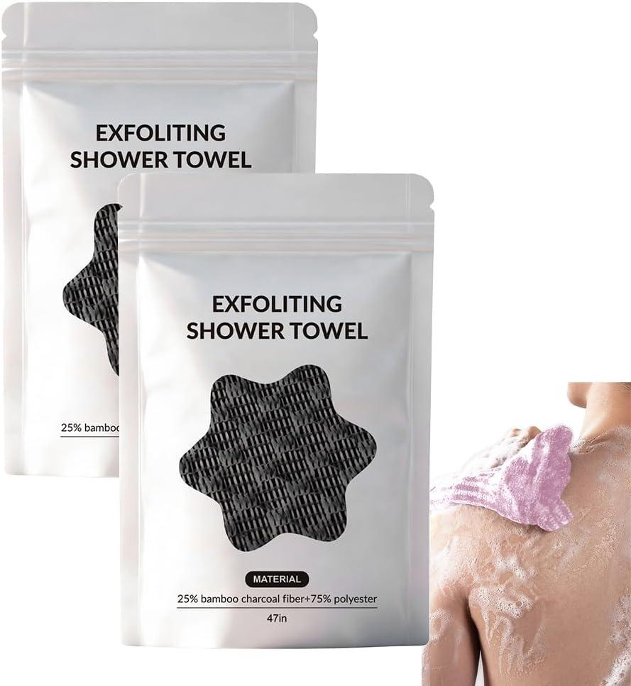 2PC Exfoliating Shower Towel 47" 2-in-1 Exfoliating Towel, Deep Exfoliating, Premium Scrub Wash Cloth for Body & Face, Sides Shower Washcloth for All Skin Types Woman and Men (2 Pieces in Black)