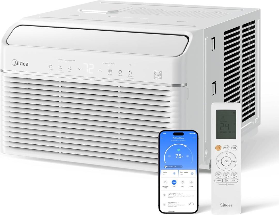 Midea Inverter Window Air Conditioner with Heat  Quiet Window AC Unit and Heat Combo with Dehumidifier  Cools up to 550 Sq. Ft.  Energy Star Rated, Smart Control, Remote, 12,000 BTU