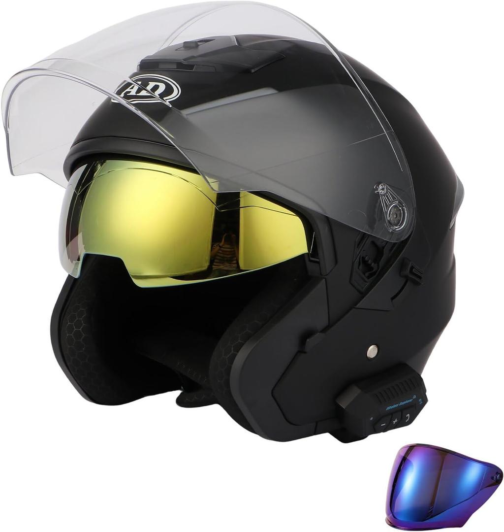 Open Face 3/4 Bluetooth Adult Men Women Motorcycle Helmets DOT Approved, Matte Black, XX-Large 