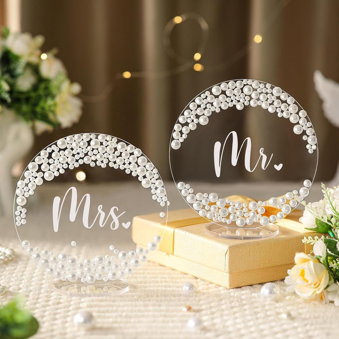 Jingmore 2 Pcs 6 Inch Mr and Mrs Table Sign for Wedding Sweetheart Table Decorations Round Acrylic Pearl Mr & Mrs Wedding Topper Bride Groom Centerpieces Head Decor for Bridal Engagement Reception