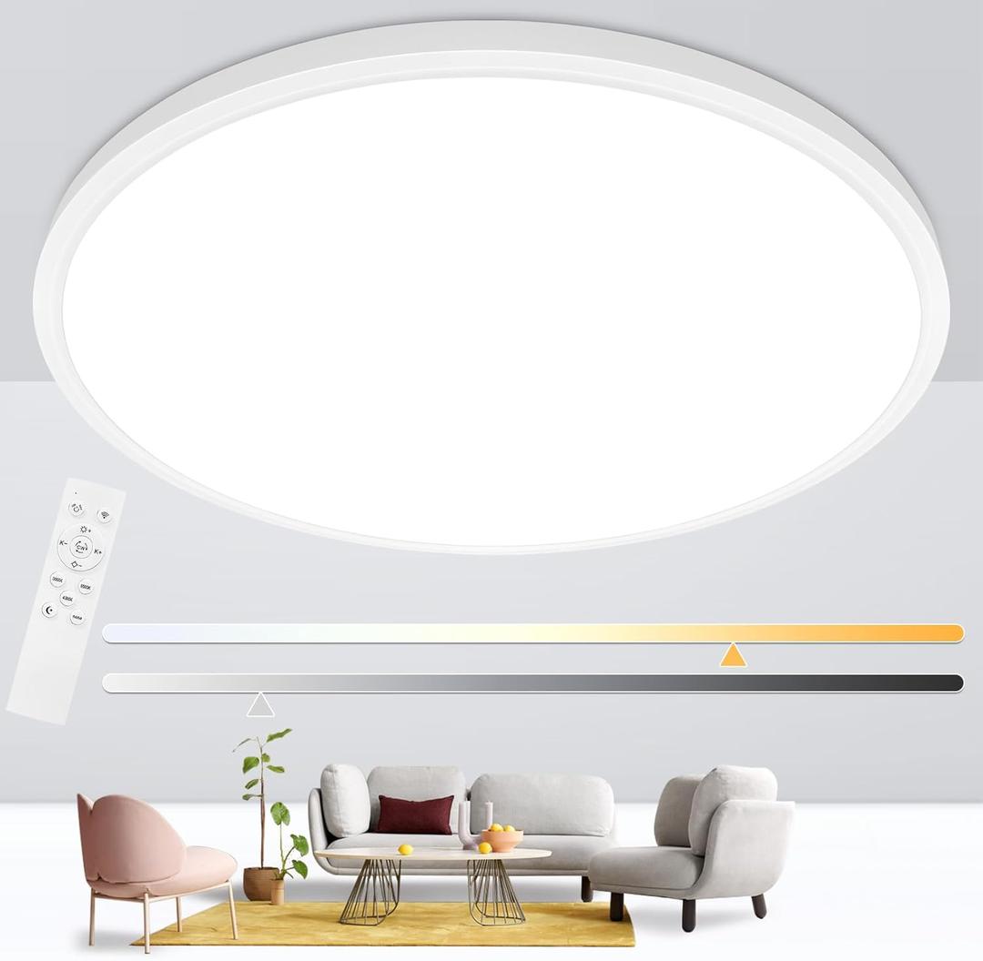 24 Inch Flush Mount Ceiling Light Fixture, Ultra Thin, Dimmable with Remote Control, 56W, 5600 Lumen, Modern, Round, White, for Kitchen, Dining Room, Bedroom, Living Room, Home Office