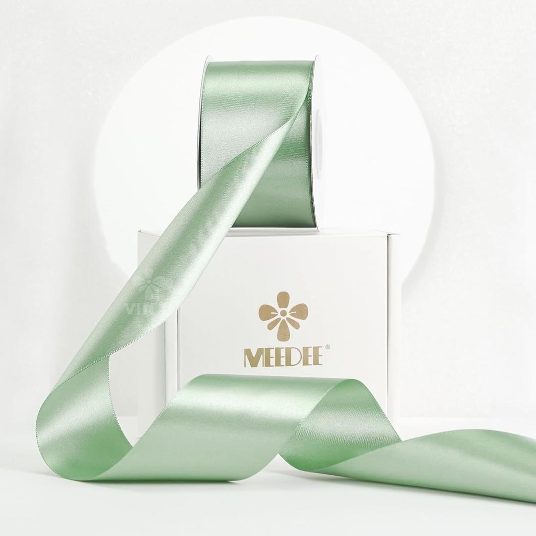 MEEDEE Sage Satin Ribbon 2 Inch Light Green Ribbon Double Faced Satin Ribbons by 25 Yards Silk Luxurious Green Ribbons for Crafts, Cake Decoration, Weddings, Flower Bouquet