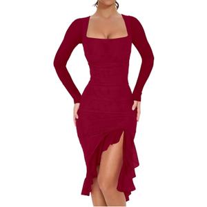 Womens Sexy Ruched Bodycon Midi Dress Mesh Long Sleeve Square Neck Cocktail Ruffle Hem Dress Spring Wedding Guest Dress (Medium, A001 Wine)