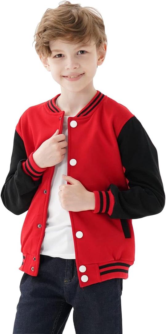 Kids Baseball Jackets Boys Girls Team Uniform Varsity Jacket Everyday Casual School Cotton Classic Clothing (16 Years, Red)