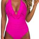 SUUKSESS Women Sexy Halter One Piece Swimsuits Ruffle Tummy Control Bathing Suit (Large, #1 Hot Pink)