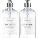 Vine Creations Clear Glass Soap Dispenser, 2 Pack Kitchen Soap Dispenser Set with Stainless Steel Pump, 16 oz Hand Soap or Dish Soap for Bathroom or Kitchen with Waterproof Labels