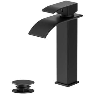 Rywuanku Matte Black Bathroom Faucet Waterfall Spout, Single Handle Sink Faucet with Pop-up Drain & Deck Plate, Modern 1 Hole Vanity Faucet for Vessel Sink