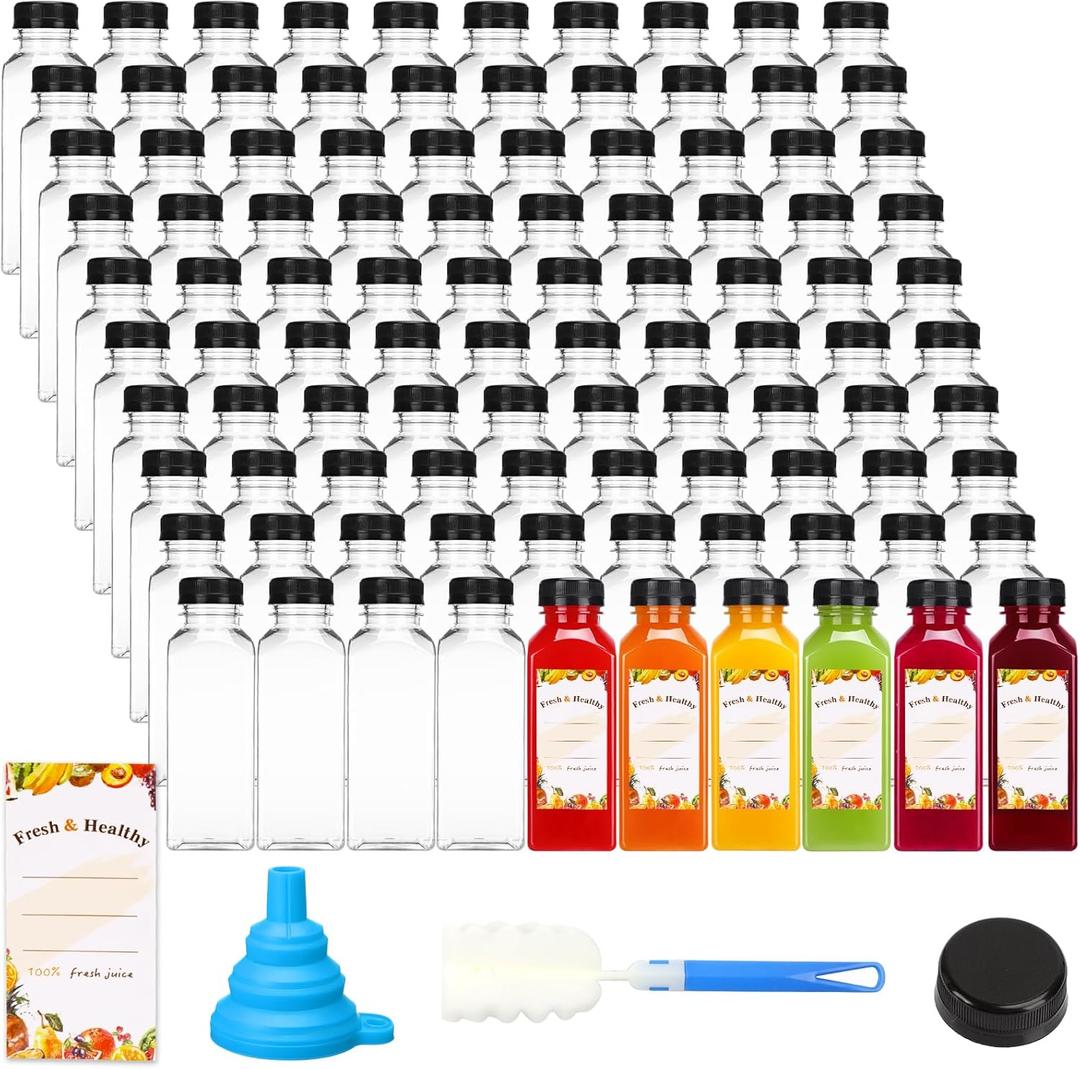 Moretoes 144pcs 12oz Plastic Juice Bottles with Lids, Reusable Clear Bulk Juice Containers for Juicing, Smoothies, Drinking and Other Beverages