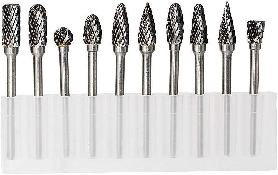 Carbide Burr Set 1/8 Inch Shank with 1/4 Inch Head Double Cut Rotary Burrs Die Grinder Drill Bits for Woodworking Engraving Drilling Carving,10pcs