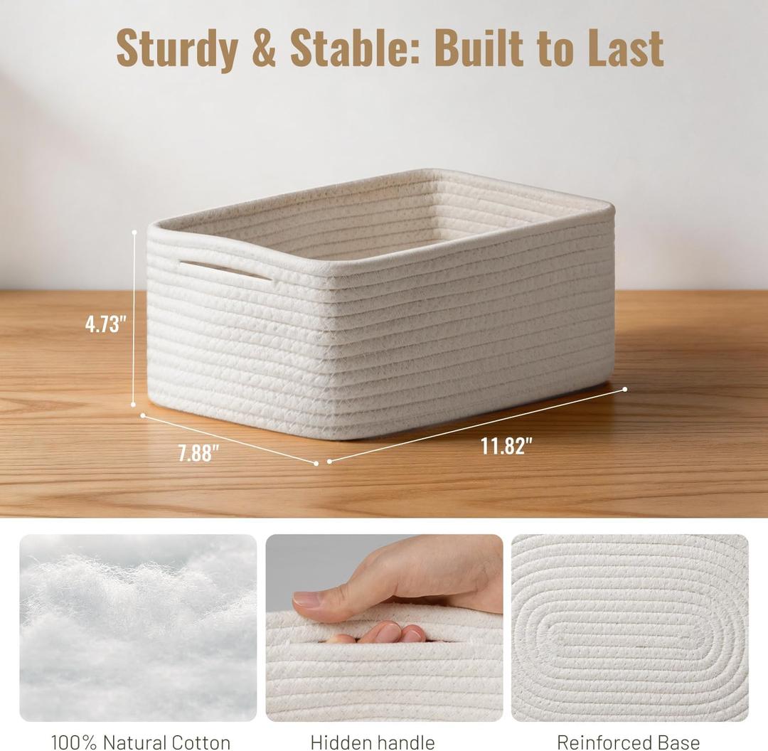 3 Pack White Small Woven Storage Baskets for Shelves, Cotton Rope Baskets Organizer for Bathroom, Closet & Nursery, Decorative Storage Bins for Organizing Socks, Toys, 11.8"x7.9"x4.7"