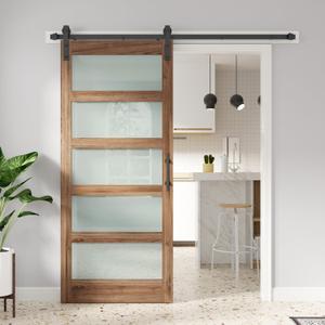 FREDBECK 36in x 80in Glass Barn Door Glass Door with 6.6FT Barn Door Hardware Kit & Handle Included,5-Panel Frosted Glass, Water-Proof Surface,Pre-Drilled Holes,Need Assembly