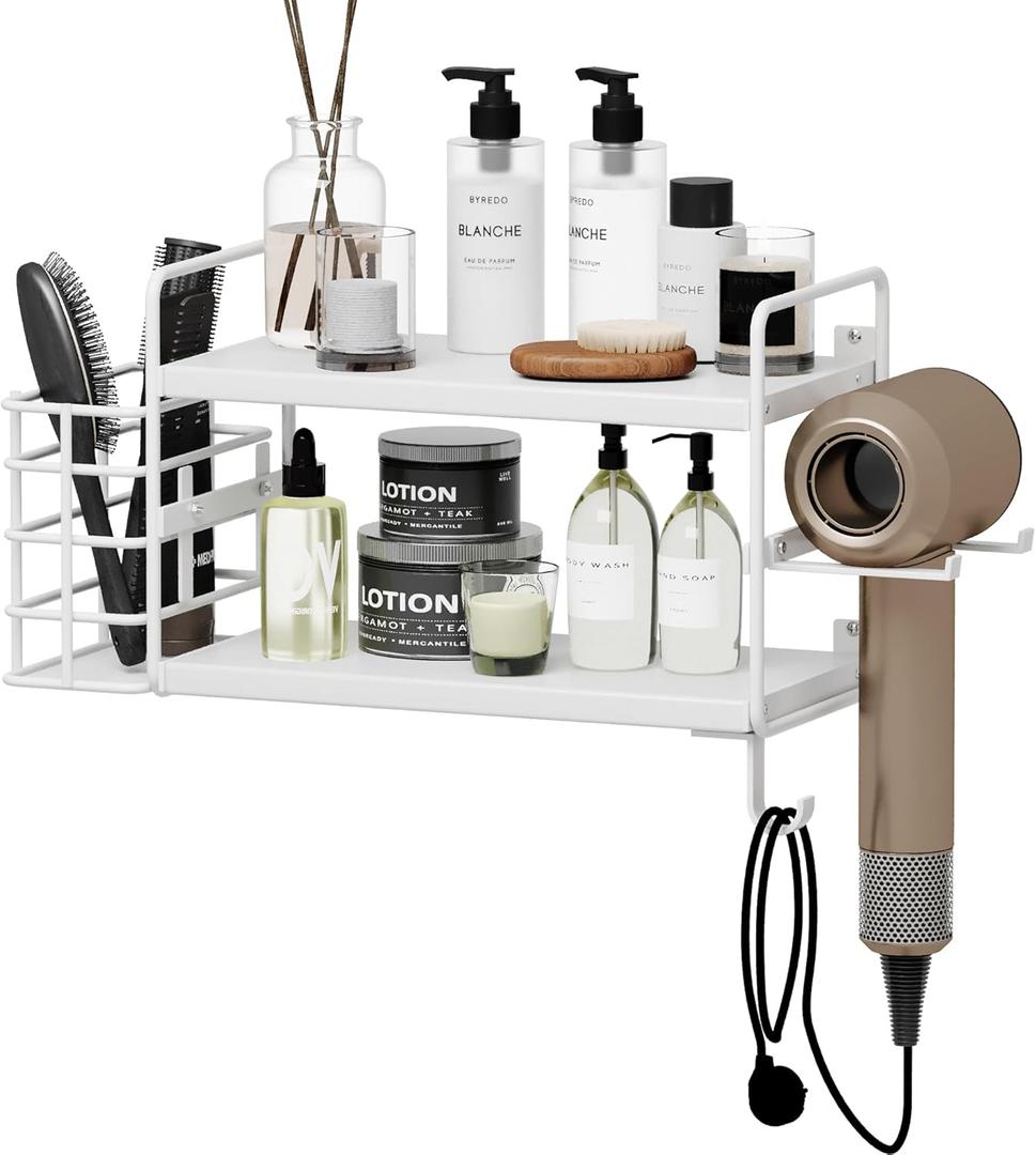 3-in-1 Wall Mounted Hair Dryer Holder with 2 Tier Shelves & Detachable Basket, Space Saving Organizer for Bathroom, Kitchen, Bedroom, Rust-Resistant, Easy Install (White)