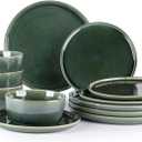 GBHOME Ceramic Dinnerware Sets for 4, 12 Pieces Stoneware Plates and Bowls Sets, Scratch Resistant Dishes, Dishwasher & Microwave Safe, Reactive Glaze-Earth Green