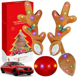 Christmas Car Decoration with Colorful LED Car Kit - 17 Inch Reindeer Antlers with Ears, Red Nose, and Tail - Exterior Accessories for Cars, Trucks, Jeeps, SUVs