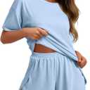 JUSTFASHIONNOW Split Short Bamboo Pajama Set Cute Summer Pjs for Women 2 Piece Short Sleeve Lounge Sets Soft Sleepwear (Blue, M)