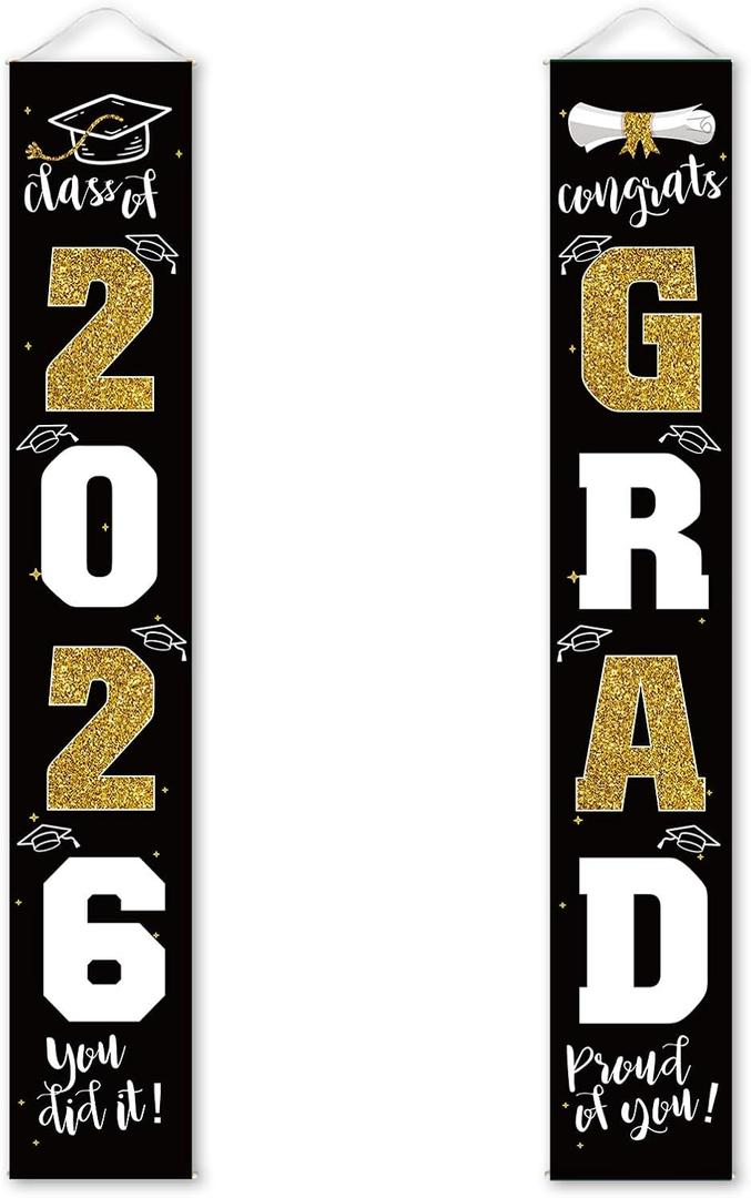 Graduation Decorations 2026 Banner Porch Sign Black Gold for Class of 2026 Graduates Party Supplies