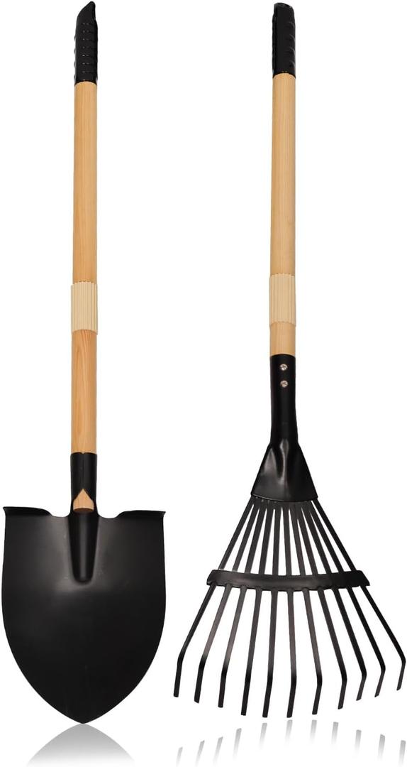 Kids Garden Tool Set, 2-Piece Rake and Shovel with Wooden Handles, 28 Inch Long, Black Metal Gardening Tools for Boys and Girls Digging Sand, Outdoor Toy Gifts for Sandbox
